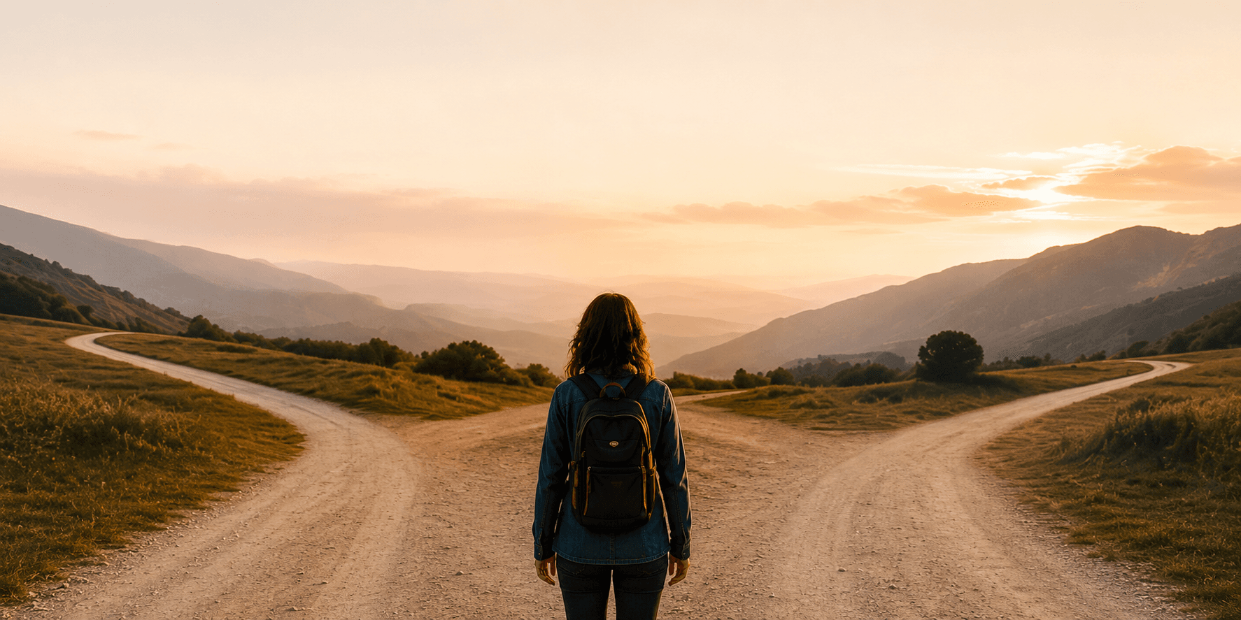 Person standing at a crossroads on an open road at sunset
