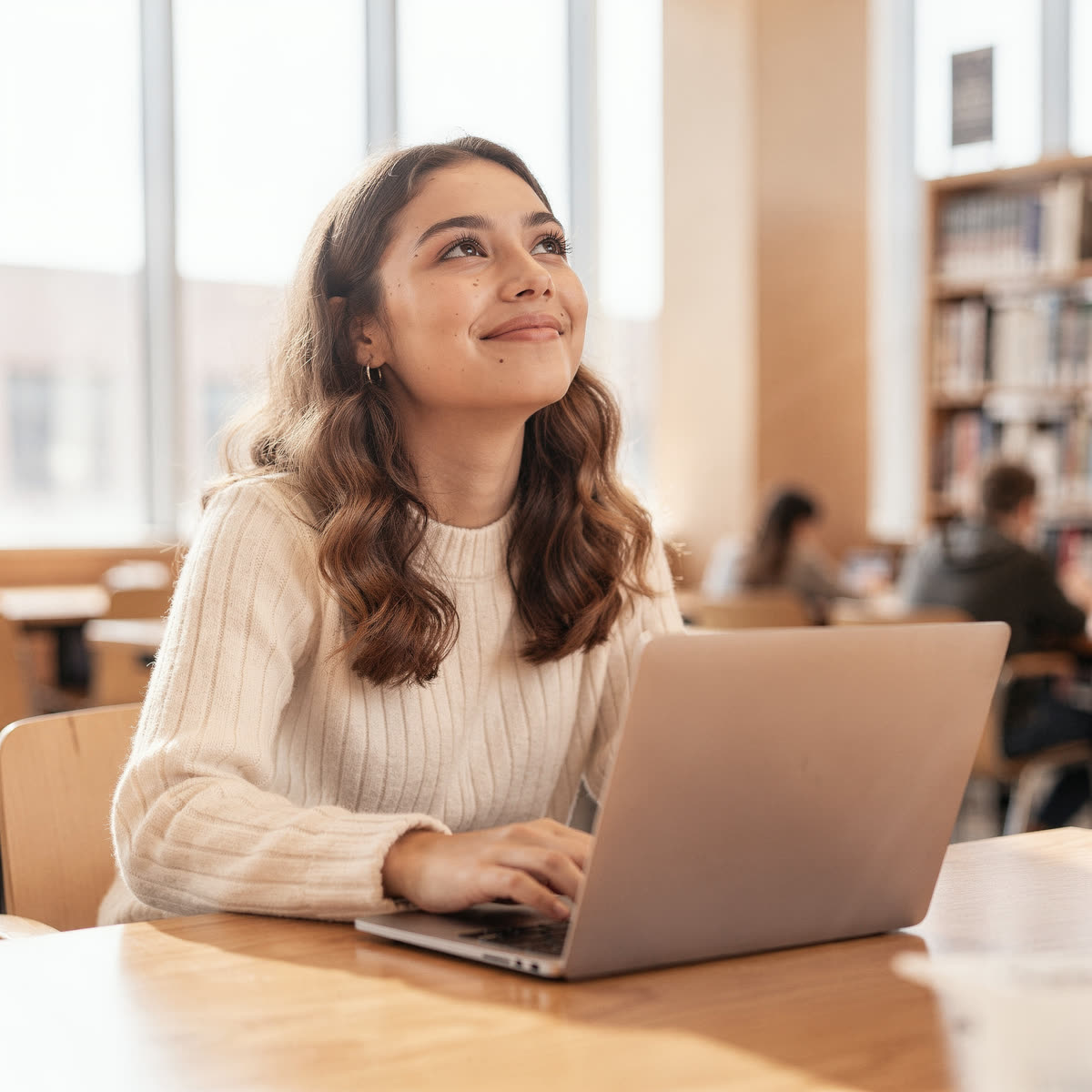 A student in a library looking up from her laptop